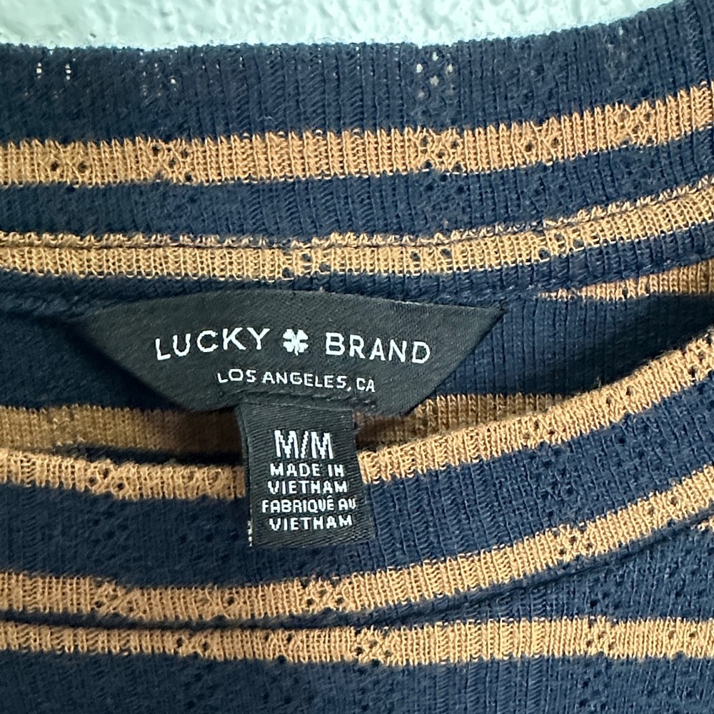 Lucky Brand Black and Brown Striped Puffed Sleeve Blouse Size Medium - Picture 2 of 9